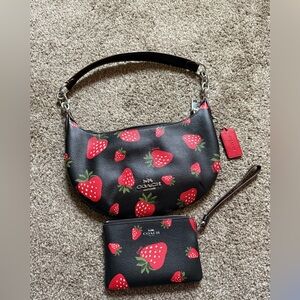 Coach Black and Red Strawberry Print Shoulder Bag